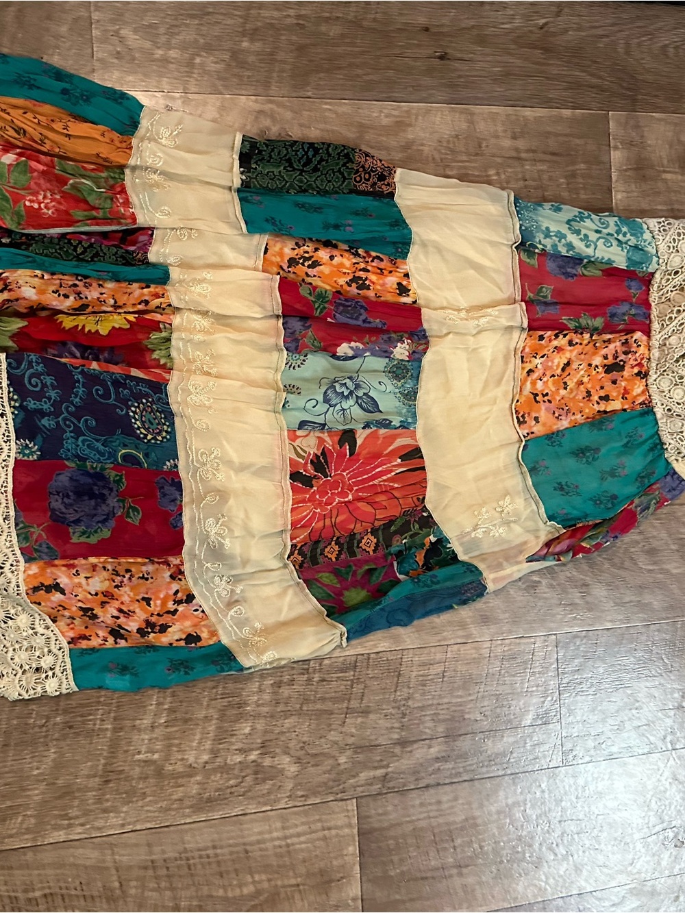 Boho Tiered Midi Dress in Cream with Multicolor Patchwork - Picture 2 of 3